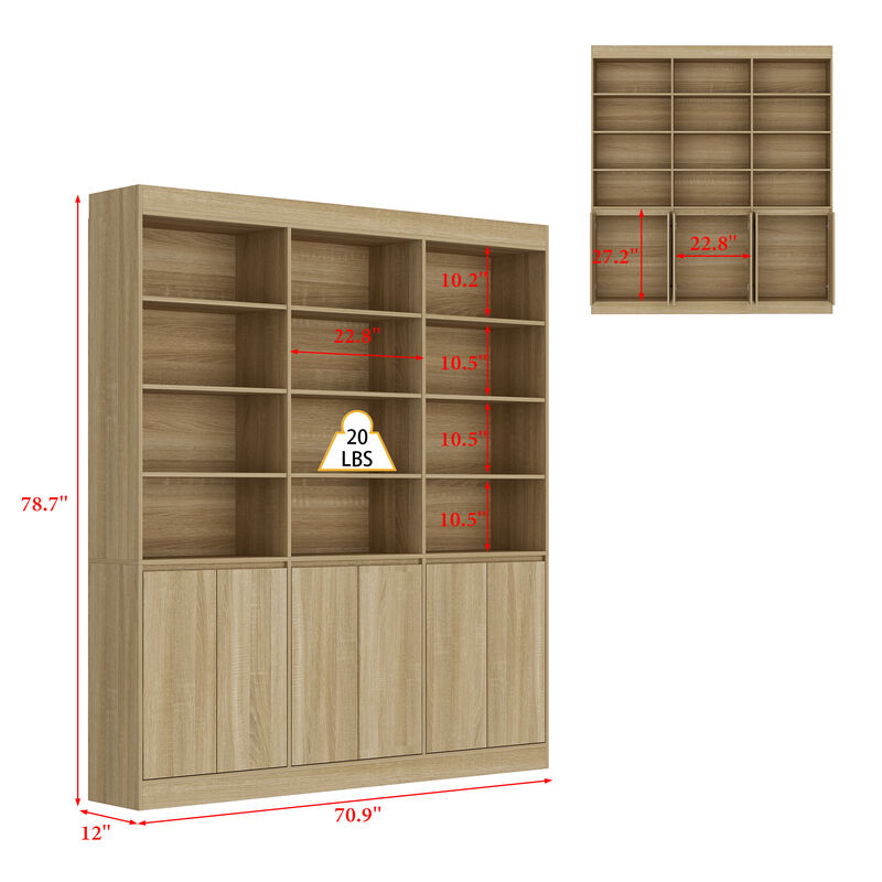 FUFU&GAGA Modern 12-Shelf Wooden Bookcase with 6 Doors, Brown Textured Finish (70.9''W x 12''D x 78.7''H) image number 9