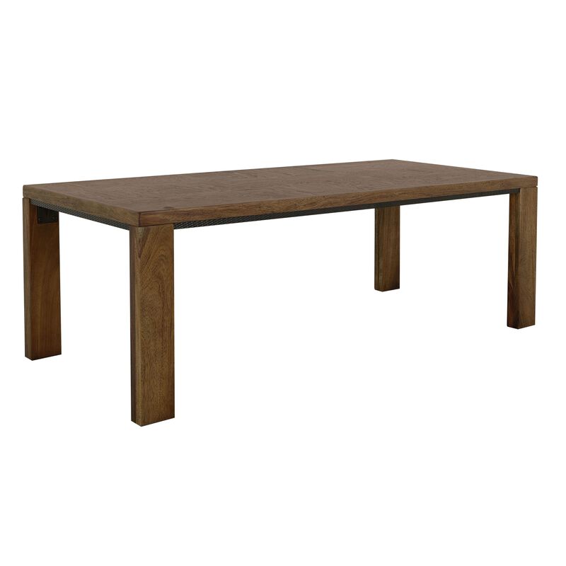 Ally Dining Table, Textured Apron, Walnut Brown Parota Wood 87 Inch - Benzara