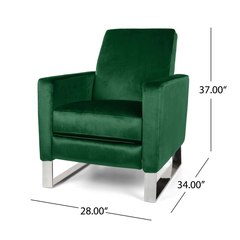 Reki Recliner Chair, Manual Push Back, Stainless Steel, Green Velvet - Benzara