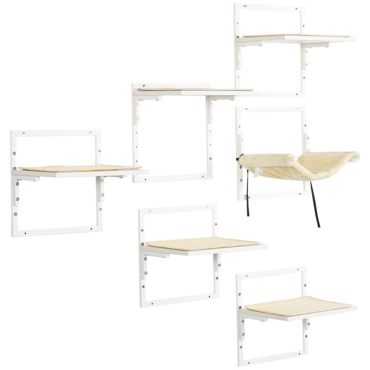 6PCs Modern Cat Wall Shelves, Steel Wall-mounted Climbing Shelf Set, Height Adjustable Kitten Activity Center with Jumping Platform, Cream