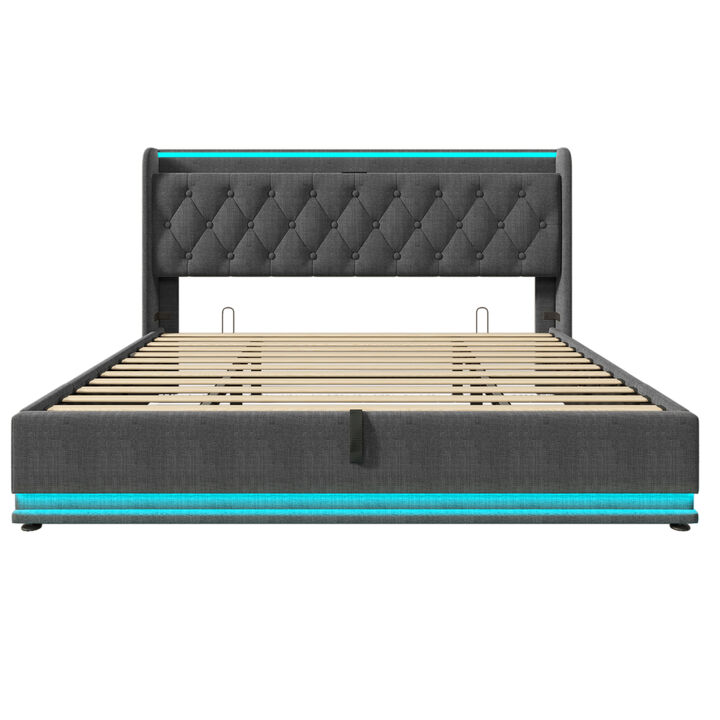 Merax Wingback Bed Frame with LED Lighting, Storage & Charging Ports