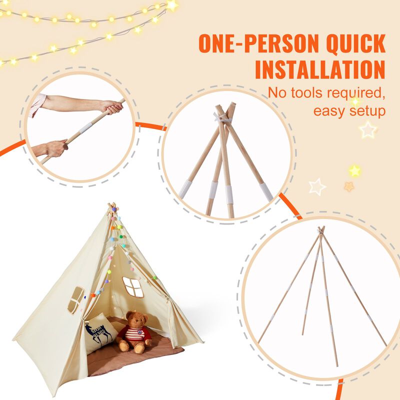 Kids Play Tent with Plush Balls and Mat, Teepee Style for Indoor or Outdoor Play