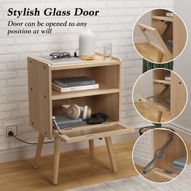 Mid Century Modern Nightstand with Charging Station, Bedside Tables with Glass Door, End Table Side Table with 2 Tiers Storage S