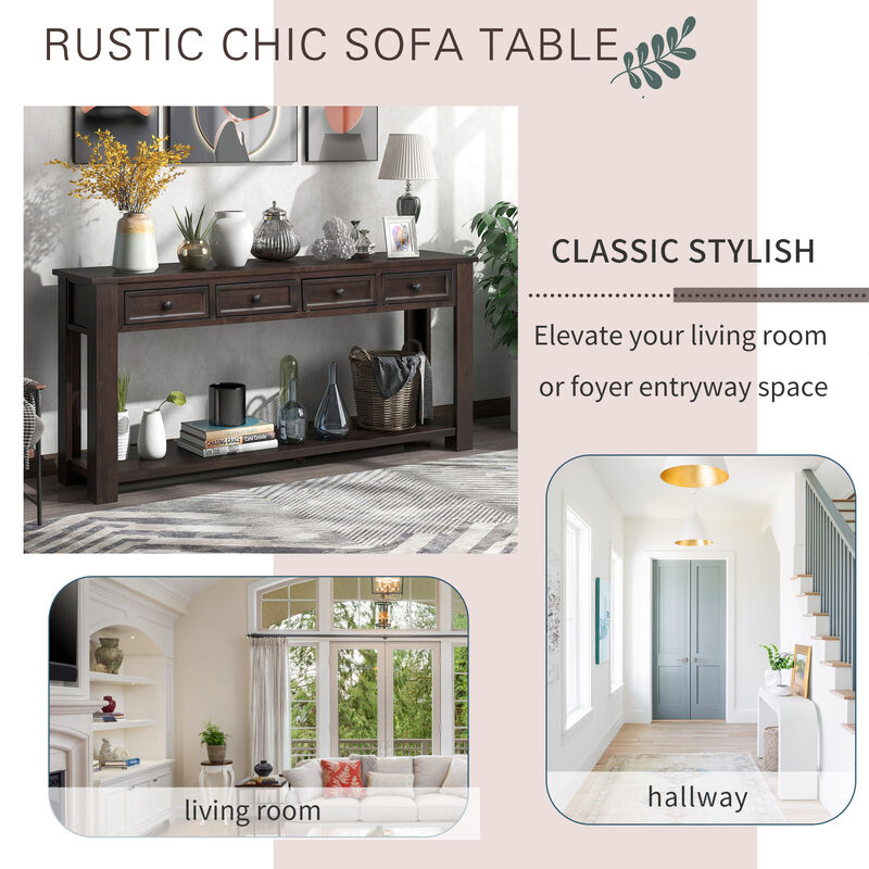 Whisen Rustic Rectangle Wood Console Table with 4-Storage Drawers and Bottom Shelf