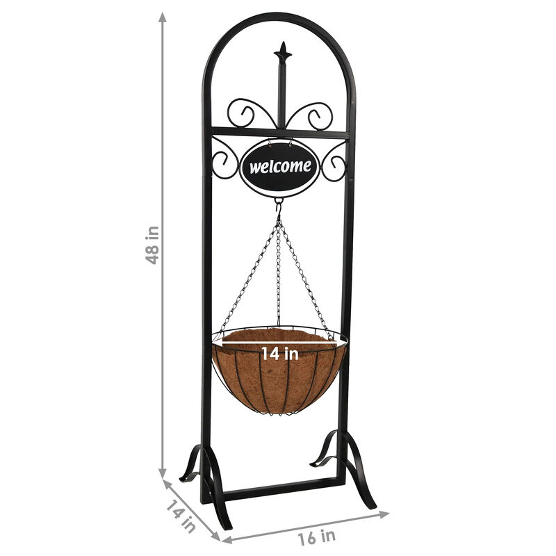 Sunnydaze Black Iron Frame Hanging Basket Planter with Welcome Sign - 48 in