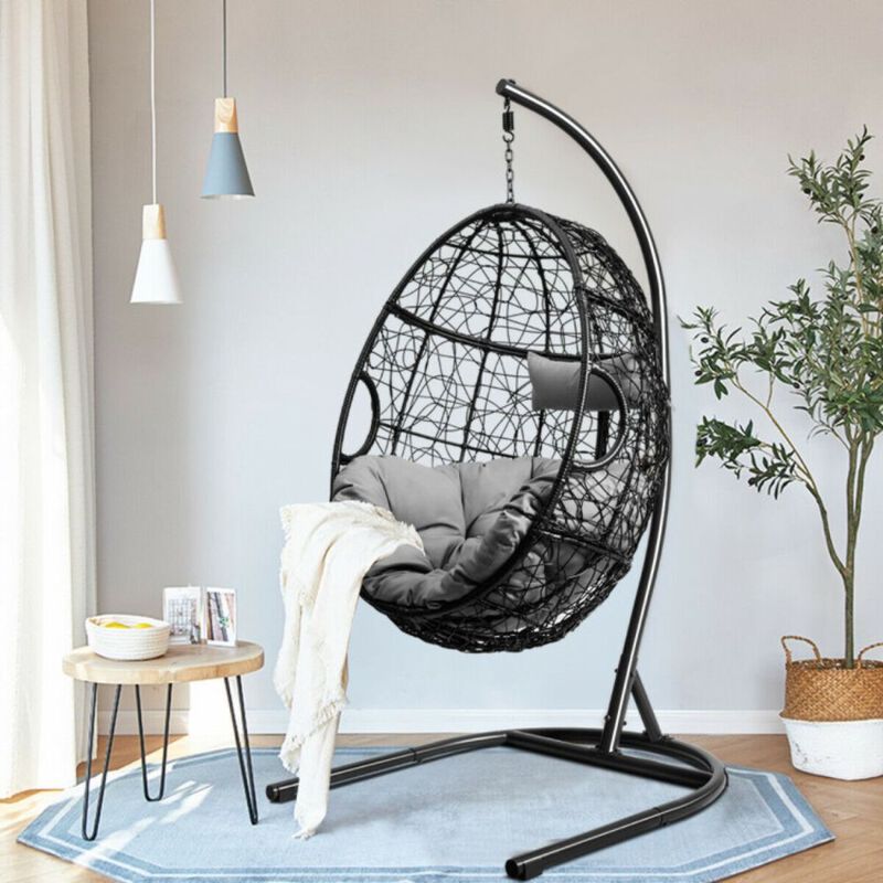Hanging Cushioned Hammock Chair with Stand -Gray