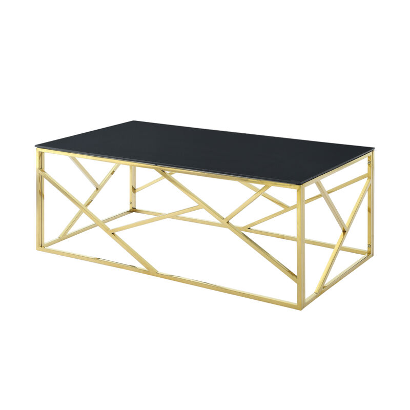 Modern Rectangular Coffee Accent Table with Black Tempered Glass Top and Stainless Steel Frame for Living Room Bedroom - Gold