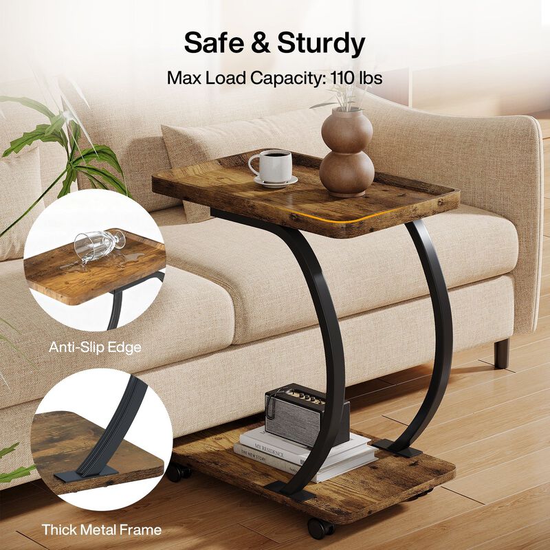 2-Tier C-Shaped End Table, Side Table with Wheels-Rustic Brown image number 6