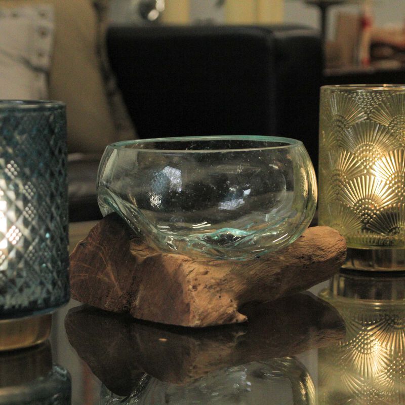 Medium Wide Molten Glass on Teak Driftwood Sculptural Vase and Bowl image number 5
