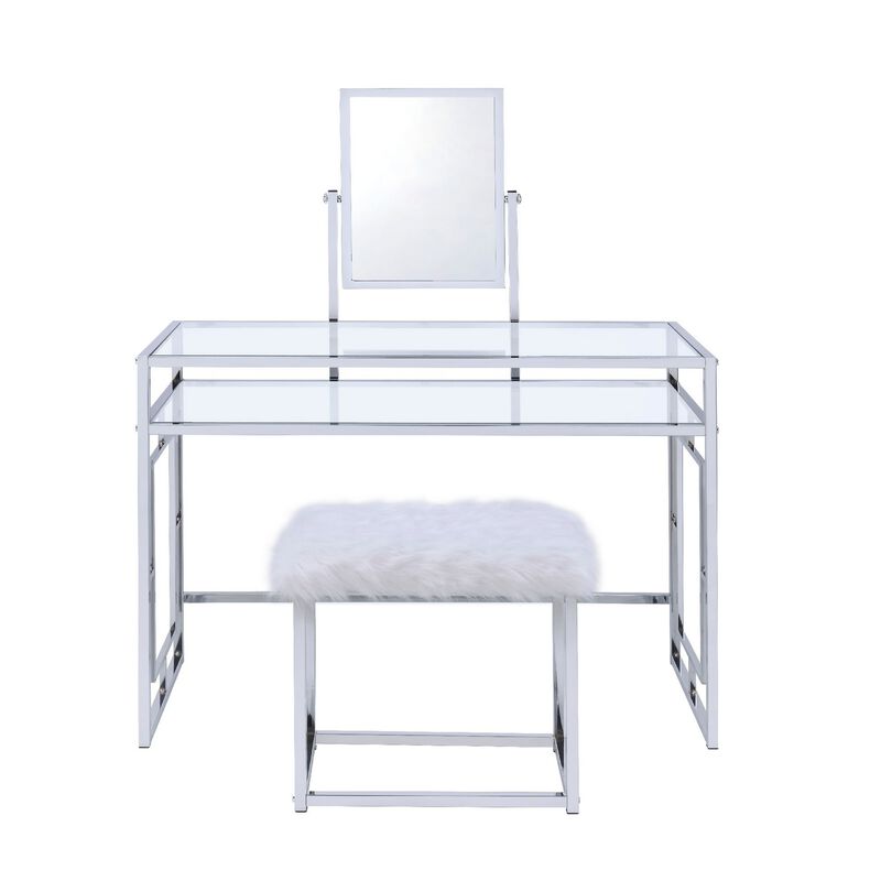 Glass and Metal Vanity Set With Faux Fur Stool, White and Silver-Benzara