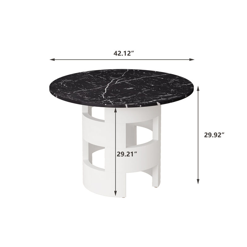 42.12" Modern Round Dining Table with Printed Black Marble Tabletop for Dining Room, Kitchen, Living Room, Black+White