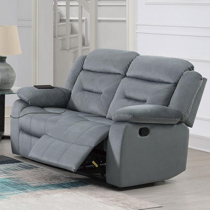 Simple Relax Velvet Upholstered Manual Motion Recliner Loveseat with USB Port in Dark Gray