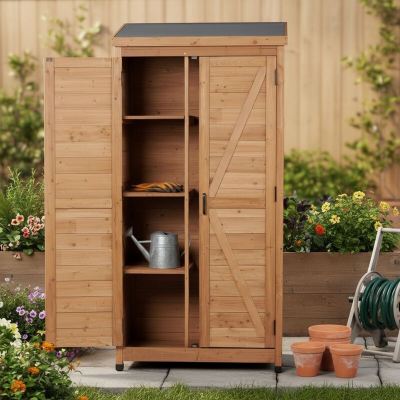WOW PIONEER Spacious Tall Vertical Outdoor Wooden Storage Shed with Sloped Metal Top for Backyard Garden Patio Lawn Tool and Supply Organization image number 6