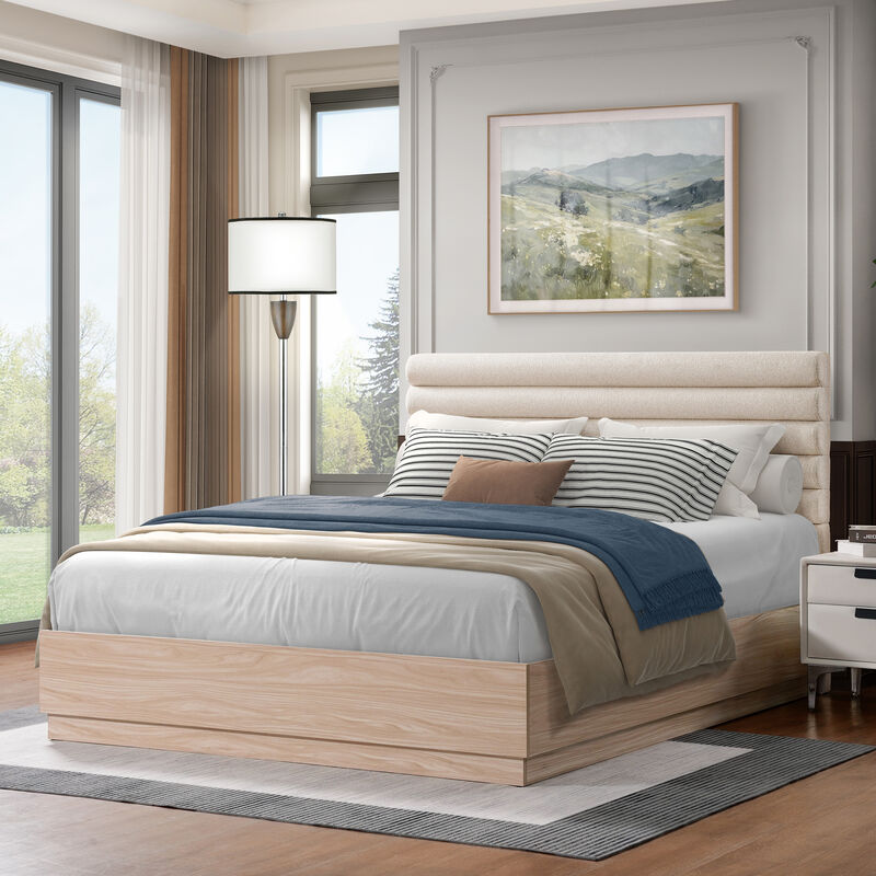Merax Queen Wood Platform Bed Frame with Taupe Boucle Upholstered Headboard