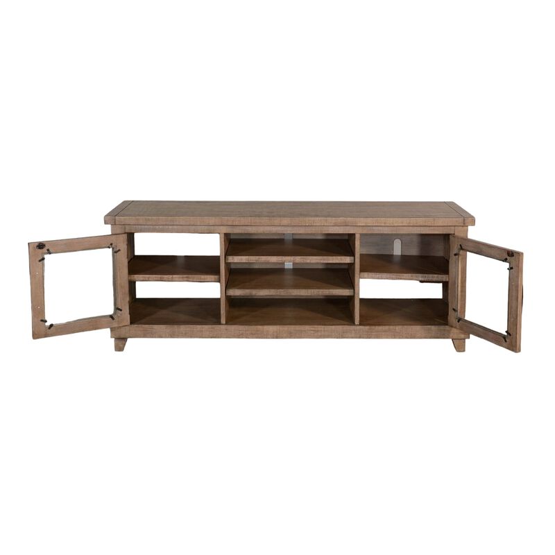 Anva TV Media Console, Shelves, Doors, Light Brown Mahogany, 64 Inch - Benzara