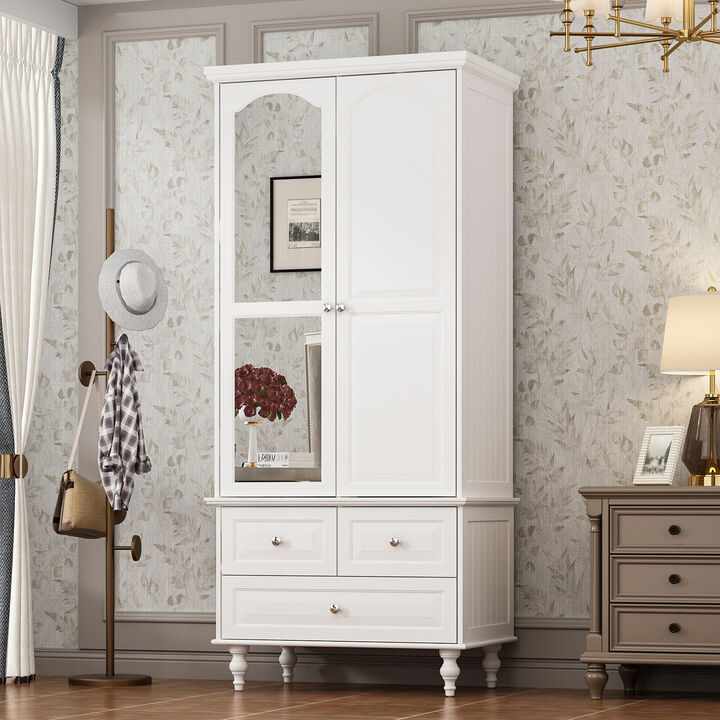 White Wooden Wardrobe Armoires W/ Mirror,Hanging Rods, Drawers,adjustable Shelves( 19.7 in. D x 31.5 in. W x 70.9 in. H)