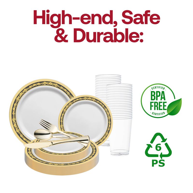 White with Black and Gold Royal Rim Plastic Wedding Value Set (30 Sets) image number 4