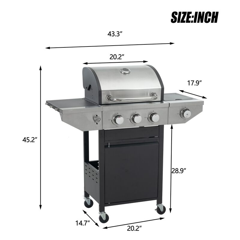MONDAWE Propane Gas Grill Barbecue Grill with Side Burner and Thermometer for Outdoor BBQ, Camping, Patio, Yard and Garden Grill Cooker (3 Burners)