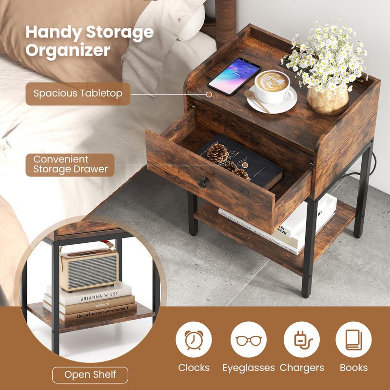 Industrial Bedside Table Nightstand with Charging Station-Rustic Brown