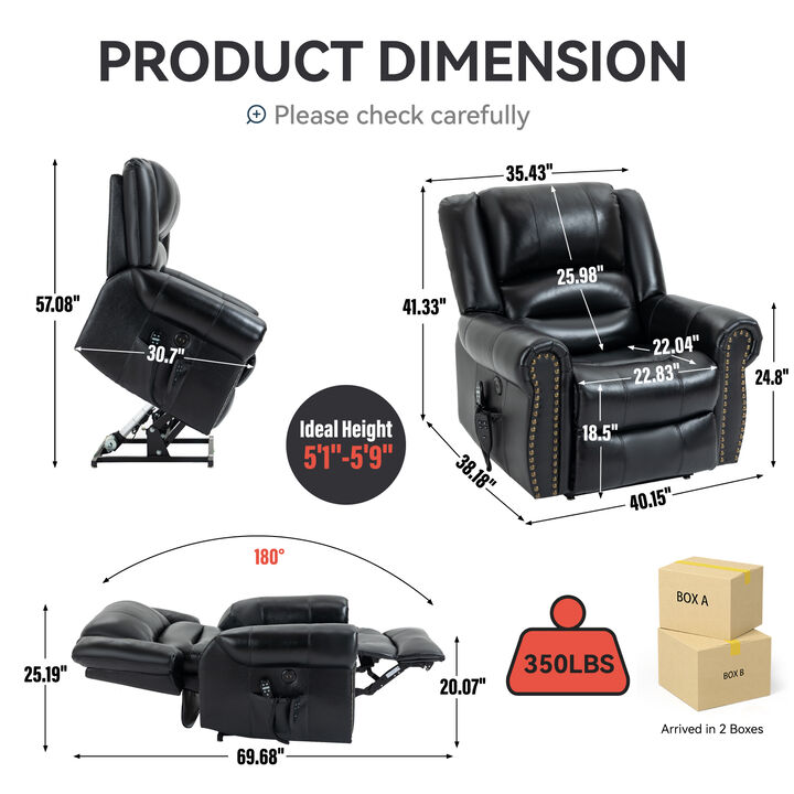 Power Lift Recliner Chair Heat Massage Dual Motor Infinite Position Up to 350 LBS, Genuine Leather, Heavy Duty Motion Mechanism with USB Ports, Brown