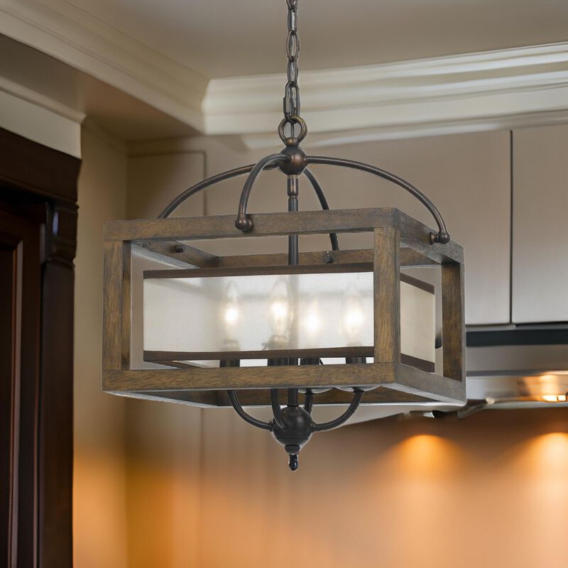 4 Bulb Semi Flush Pendant with Wooden Frame and Organza Striped Shade,Brown - Benzara