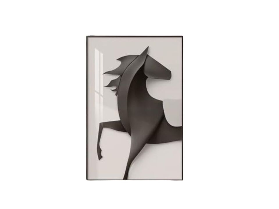 Large Framed Modern Black White Horse Wall Art Vertical Abstract Animal Bright