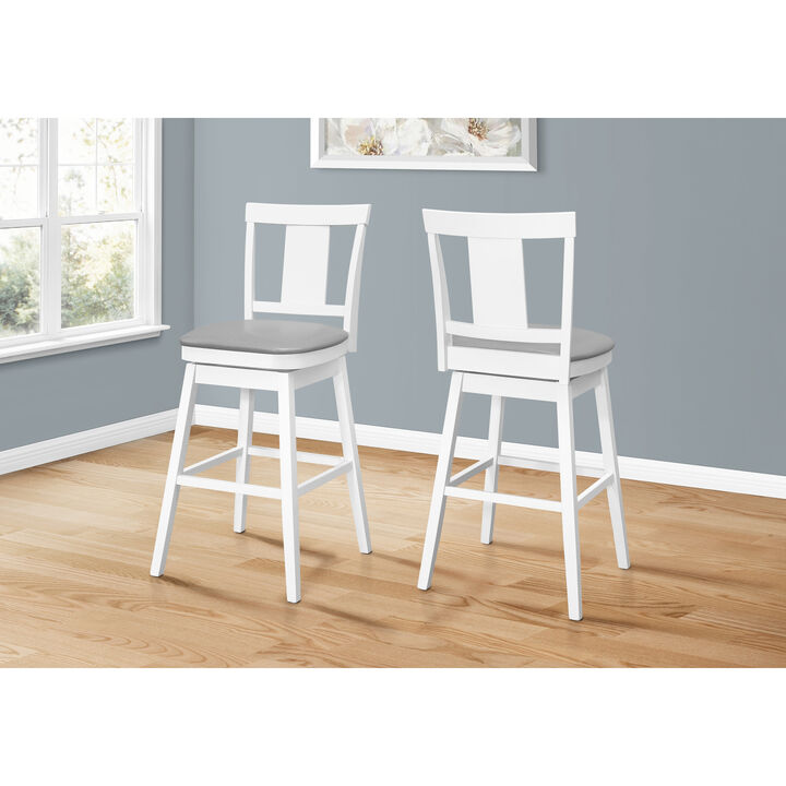 Monarch Specialties I 1232 Bar Stool, Set Of 2, Swivel, Bar Height, Wood, Pu Leather Look, White, Grey, Transitional