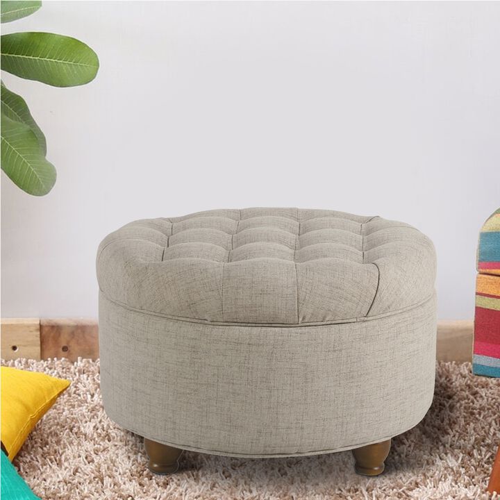 Fabric Upholstered Wooden Ottoman with Tufted Lift Off Lid Storage, Beige - Benzara