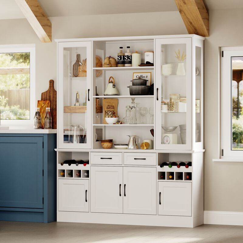 FUFU&GAGA White Display Storage Cabinet with Glass Doors, Adjustable Shelves & Drawers, High-Gloss Finish, Anti-Tip Design (63 in. W x 15.7 in. D x 78.7 in. H), White