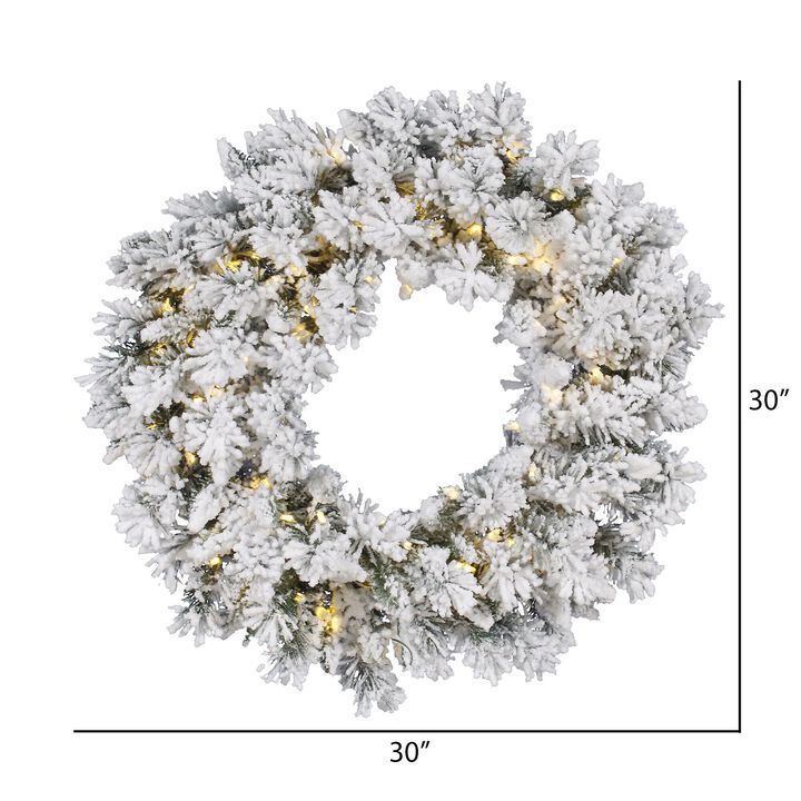 Vickerman 30" Flocked Snow Ridge Artificial Christmas Wreath, Warm White LED Lights - Faux Snowy Christmas Wreath - Indoor Seasonal Home Wall Decor