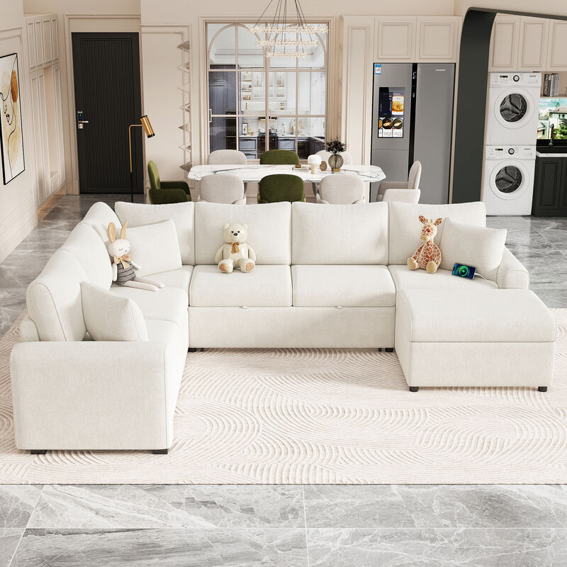 Merax Chenille Sectional Sofa Sleeper with Ottoman