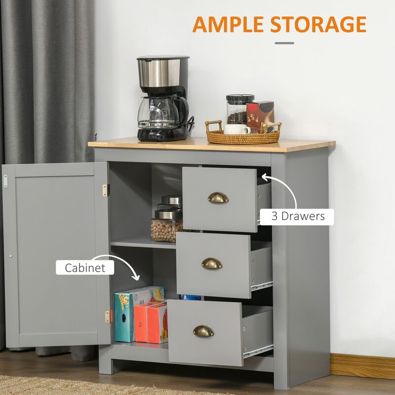 Gray Modern Buffet: Storage Cabinet with Rubberwood Top and Drawers