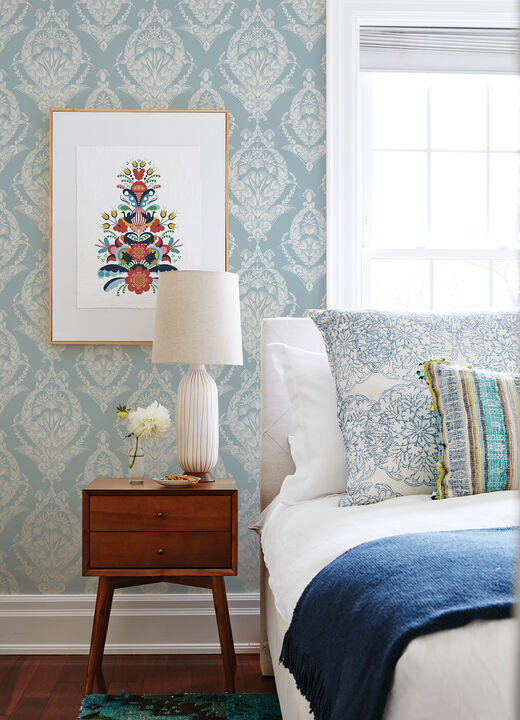 Arlie Light Blue Botanical Damask Wallpaper (Set of 2)