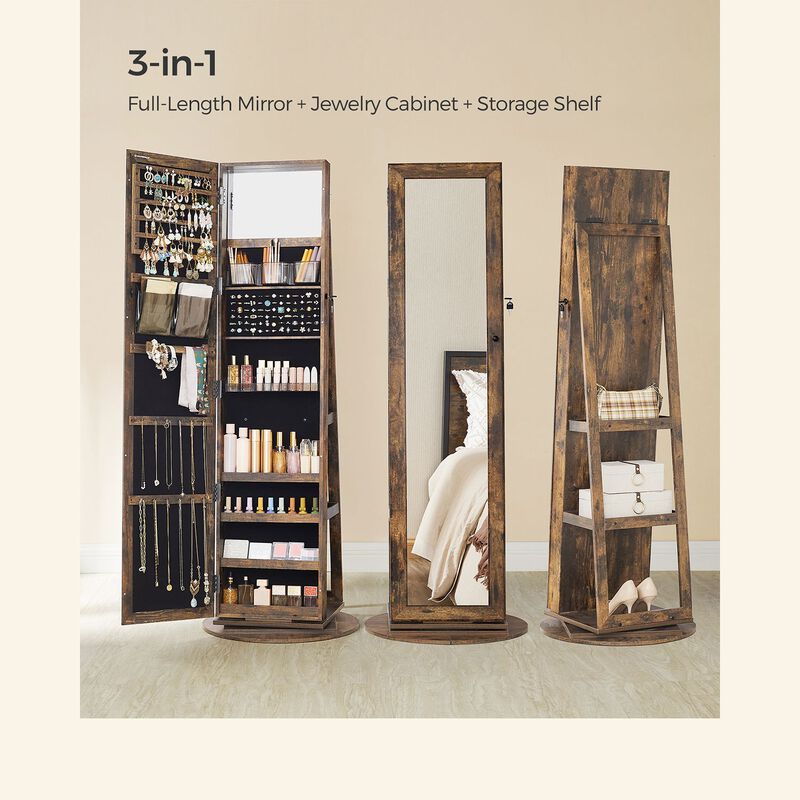 360&deg; Swivel Lockable Jewelry Cabinet with Full-Length Mirror, Rear Storage Shelves, and Built-In Small Mirror