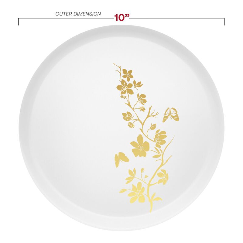 10" White with Gold Floral Round Plastic Dinner Plates (120 Plates) image number 2