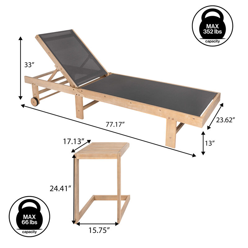Trabuco Coastal Modern Acacia Wood Mesh 3-Position Outdoor foldable Chaise Lounge Set with Side Table image number 3