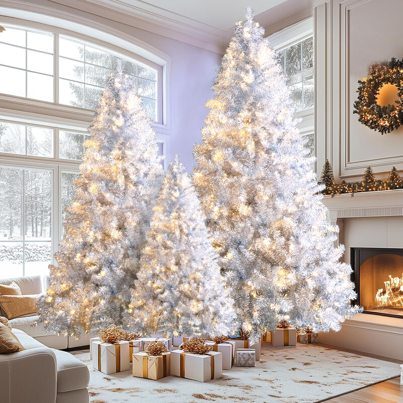 Whisen 7.4FT, 6FT, 4FT Sliver Pre-Lit Artificial Christmas Tree, Hinged Full Tree with Metal Stand, Branch Tips, LED Lights image number 2