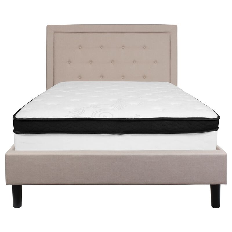 Roxbury Full Size Tufted Upholstered Platform Bed in Beige Fabric with Memory Foam Mattress