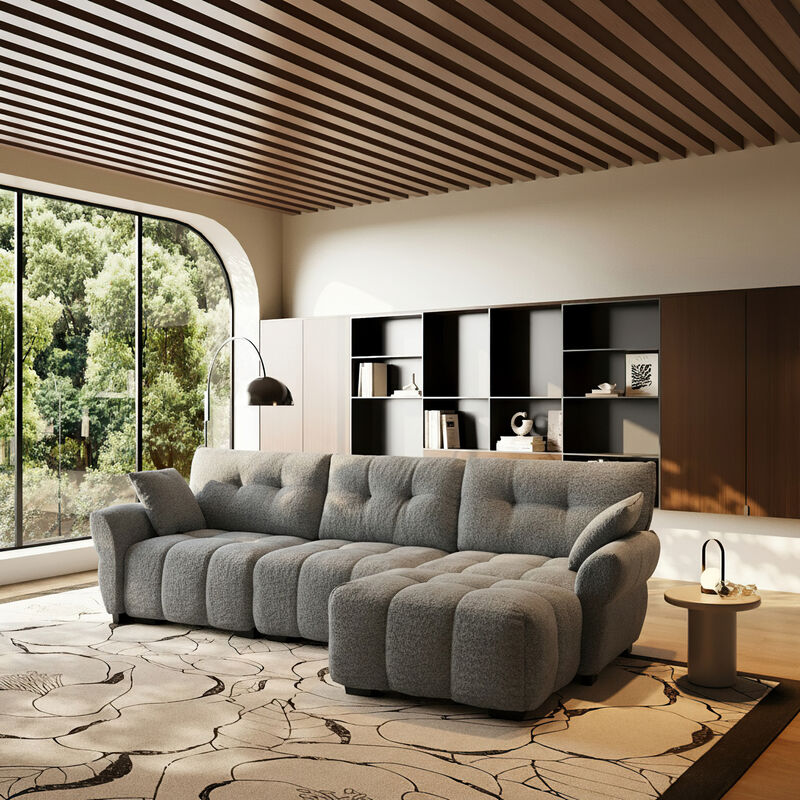 FUFU&GAGA Modern L-Shaped Sofa Set with Ottoman, Includes 2 Pillows, Textured Fabric, (110.2 in. W x 61 in. D x 35.4 in. H), Gray