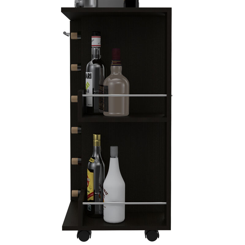 DEPOT E-SHOP Magda Bar Cart, Four Casters, Six Built-in Wine Rack, Single Door Cabinet, Two External Shelves, Black