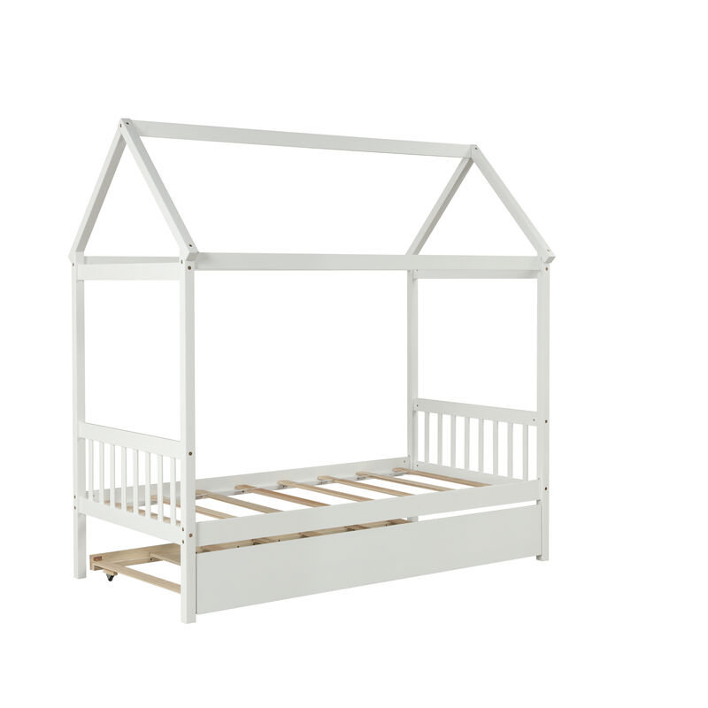 Whisen Solid Wood Twin House Bed Frame with Twin Size Trundle