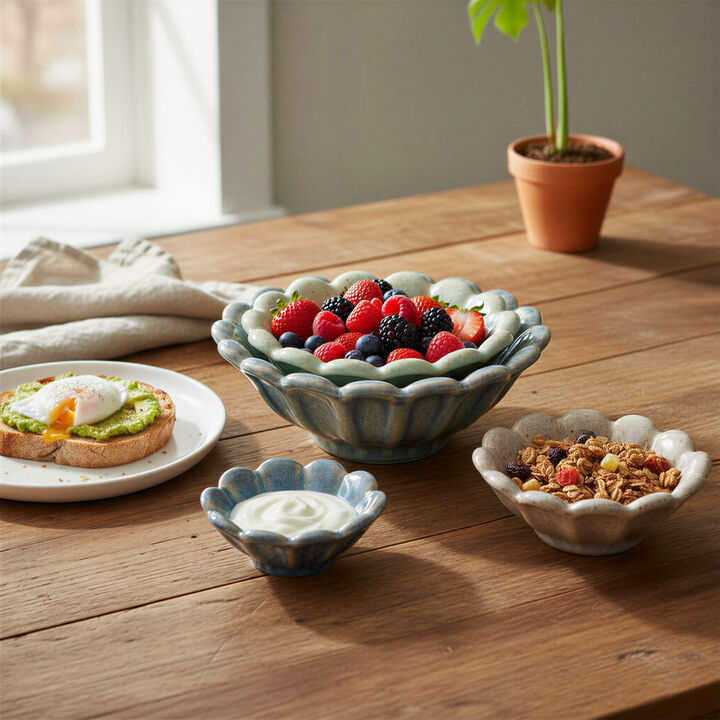 4-Piece Stoneware Flower Shaped Bowl Set in Reactive Glaze, Multicolor