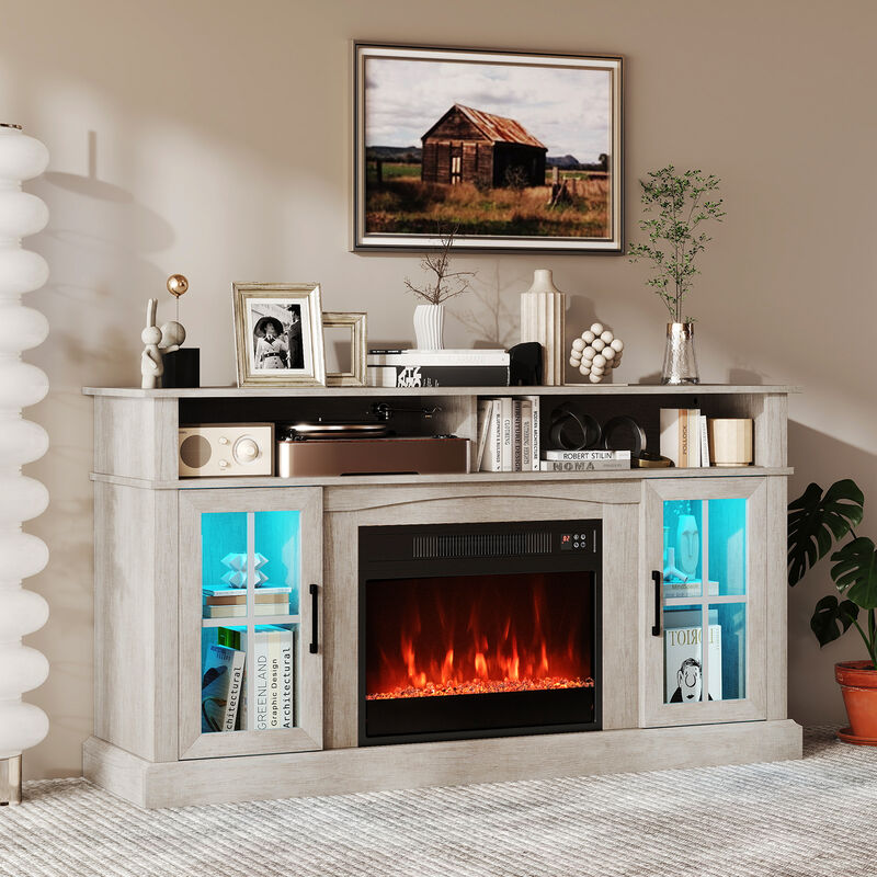 TV Stand with Built-In Fireplace, LED Lighting, Storage Cabinets, and Glass Doors image number 1