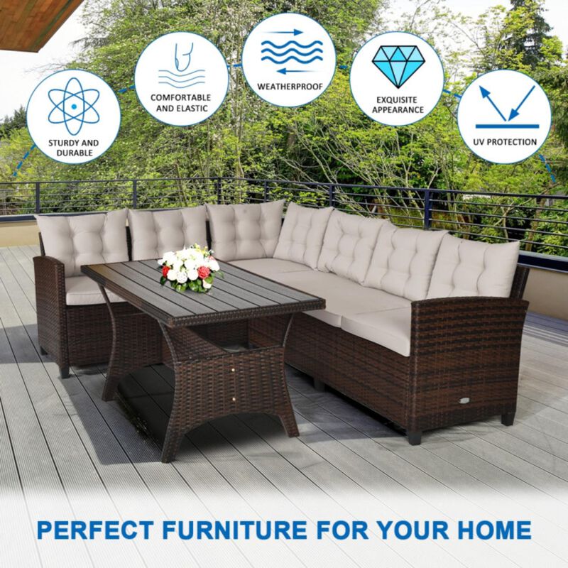 Hivvago 3 Pieces Hand-Woven Rattan Outdoor Sofa Set with Dining Table