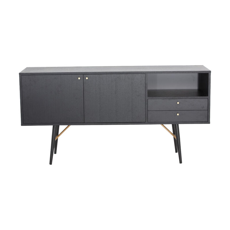 Belo Sideboard Buffet Console, 2 Drawers, Gold Accent, Black, 63 Inch - Benzara