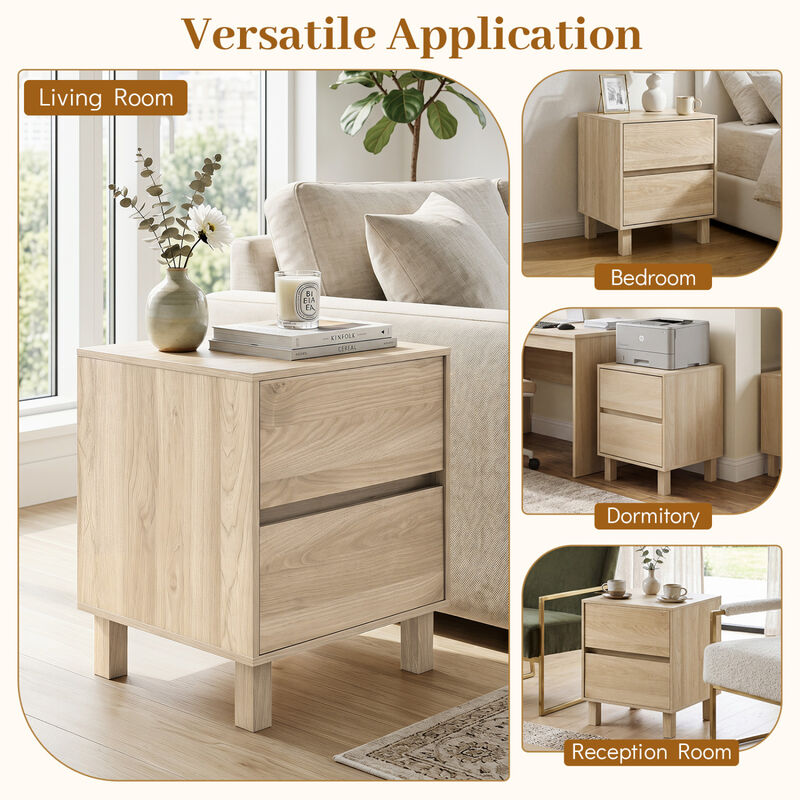 Modern Wooden End Table with 2 Storage Drawers for Bedroom Living Room Use-Natural image number 3
