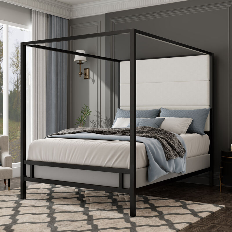 Merax Modern Gold Canopy Bed with Tall Linen Fabric Upholstered Headboard Metal 4-Poster Bed Frame