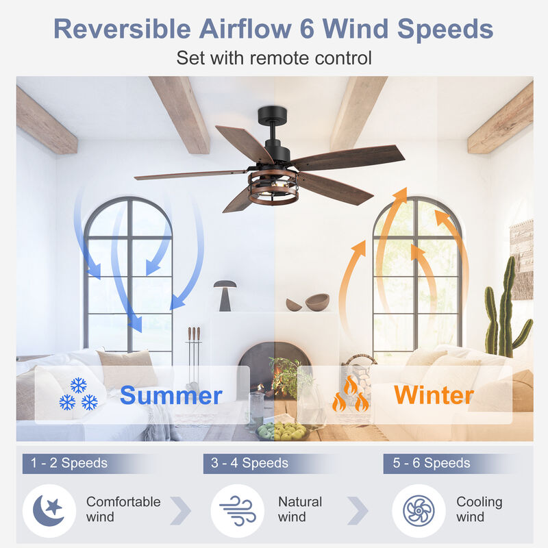 Breezary 52" Ceiling Fan with Light, 5 Plywood Blades, E26 2-Light, 6 Speeds, Remote Control image number 2