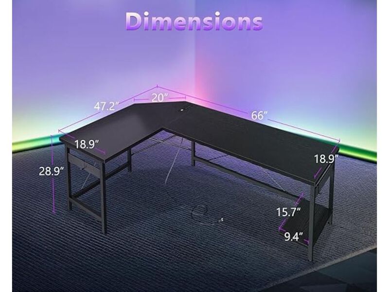 Gaming Desk &ndash; 66" Black L‑Shaped Corner Computer Table for Home Office & Workstation image number 2