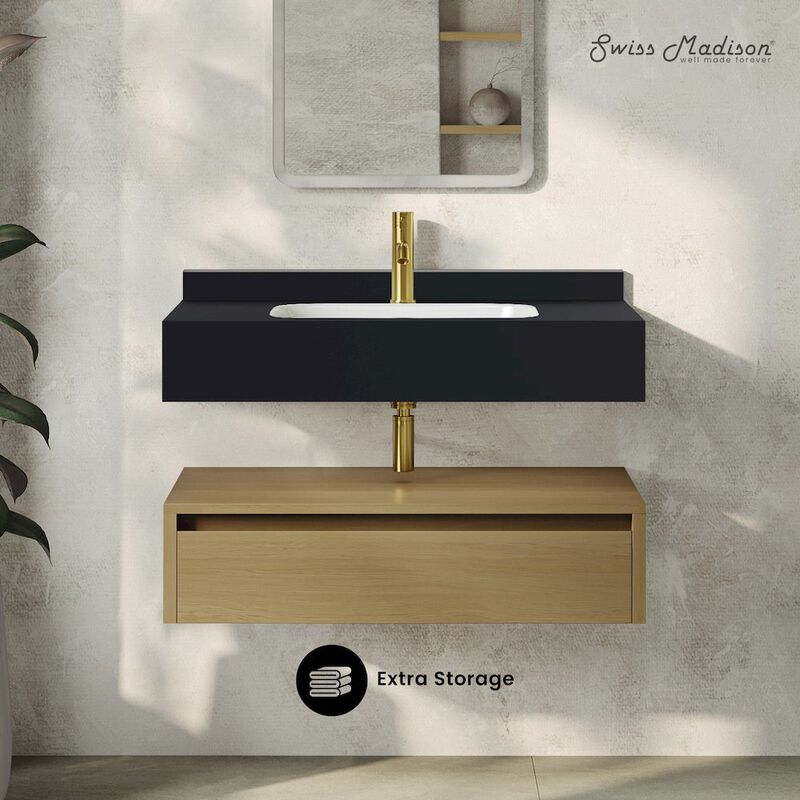 36" Wall-Mounted Bathroom Vanity in Natural Oak with Black Marble Sink Top image number 1